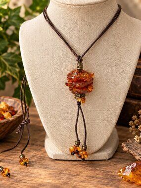 Natural Baltic Amber Pendant Necklace Bohemian Brown Cord Raw Amber Pendulum